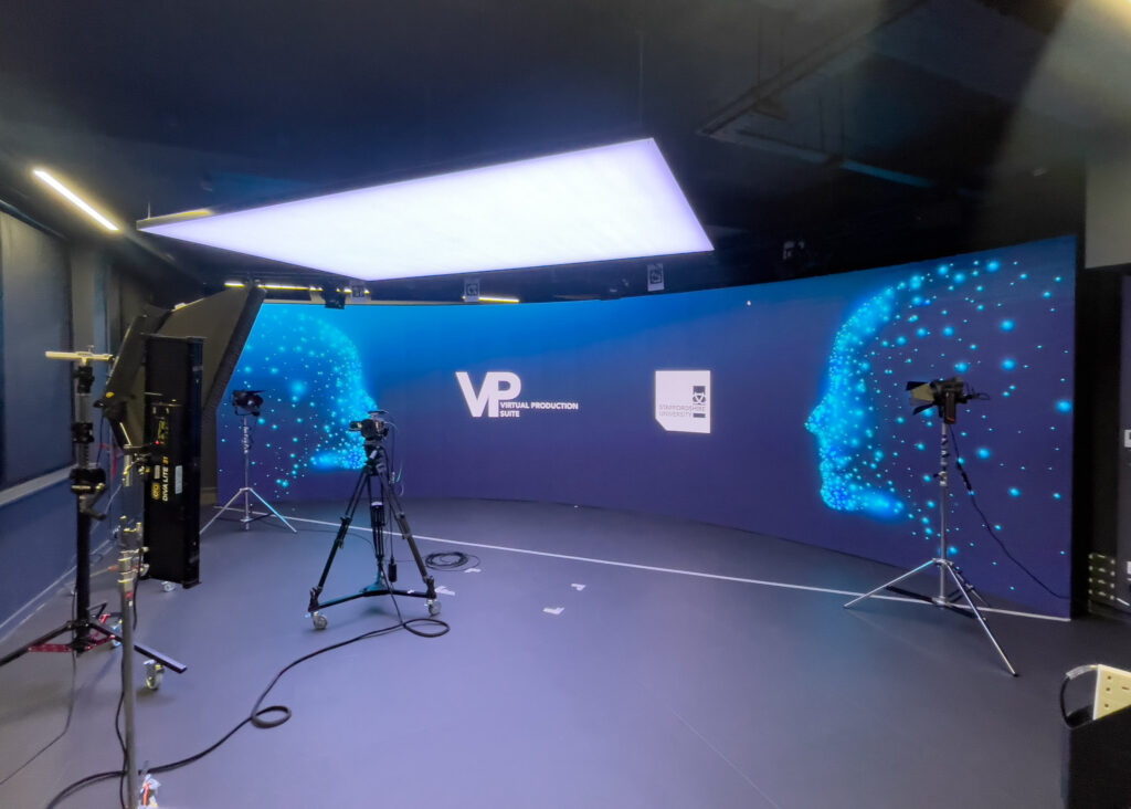 university of staffordshire virtual production studio with ledcloud kino flo and fiilex lighting, chamsys lighting console